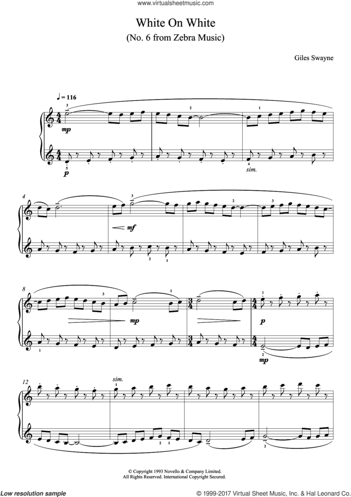 White On White (No. 6 from Zebra Music) sheet music for piano solo by Giles Swayne, classical score, intermediate skill level
