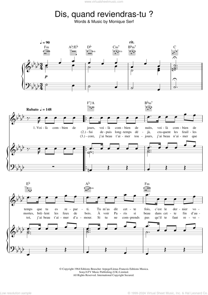 Dis, Quand Reviendras Tu ? sheet music for voice, piano or guitar by Barbara and Monique Serf, intermediate skill level