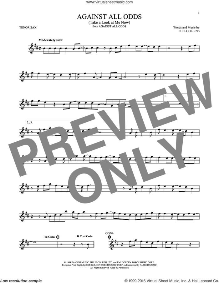 Against All Odds (Take A Look At Me Now) sheet music for tenor saxophone solo by Phil Collins, intermediate skill level