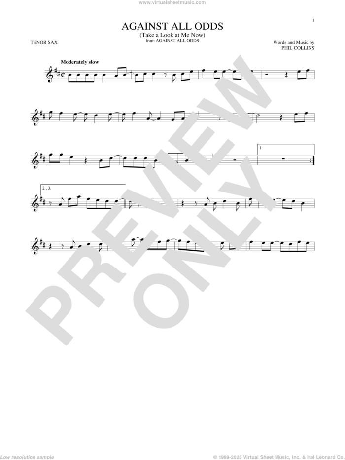 Against All Odds (Take A Look At Me Now) sheet music for tenor saxophone solo by Phil Collins, intermediate skill level