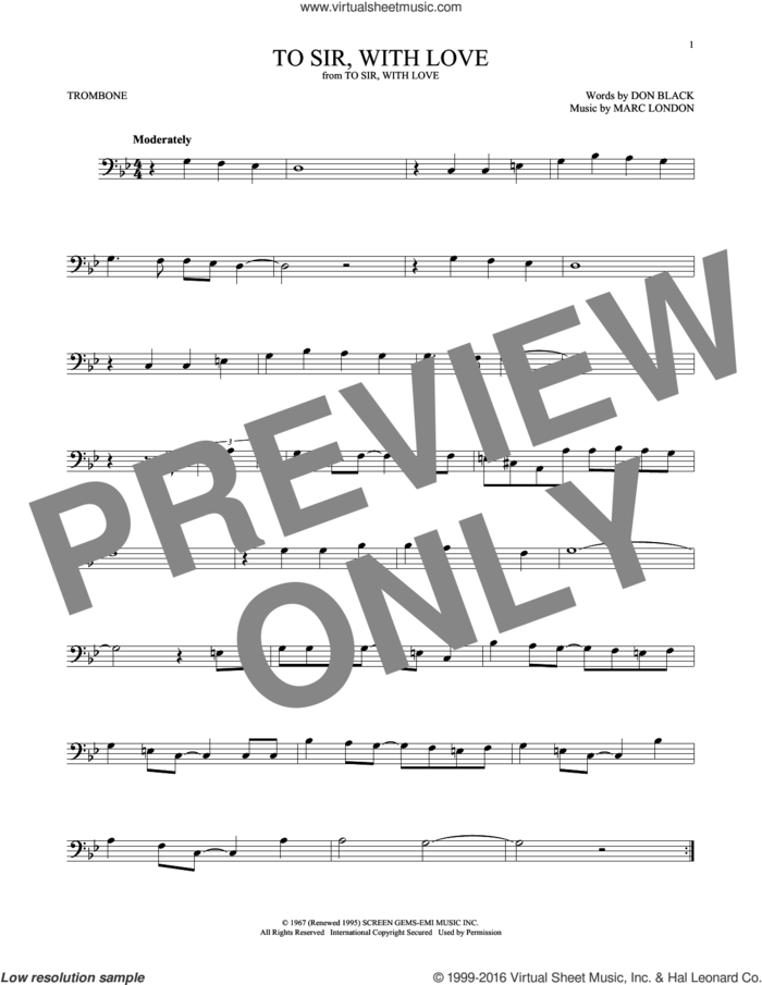To Sir, With Love sheet music for trombone solo by Lulu, Don Black and Marc London, intermediate skill level