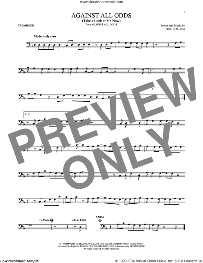 Against All Odds (Take A Look At Me Now) sheet music for trombone solo by Phil Collins, intermediate skill level