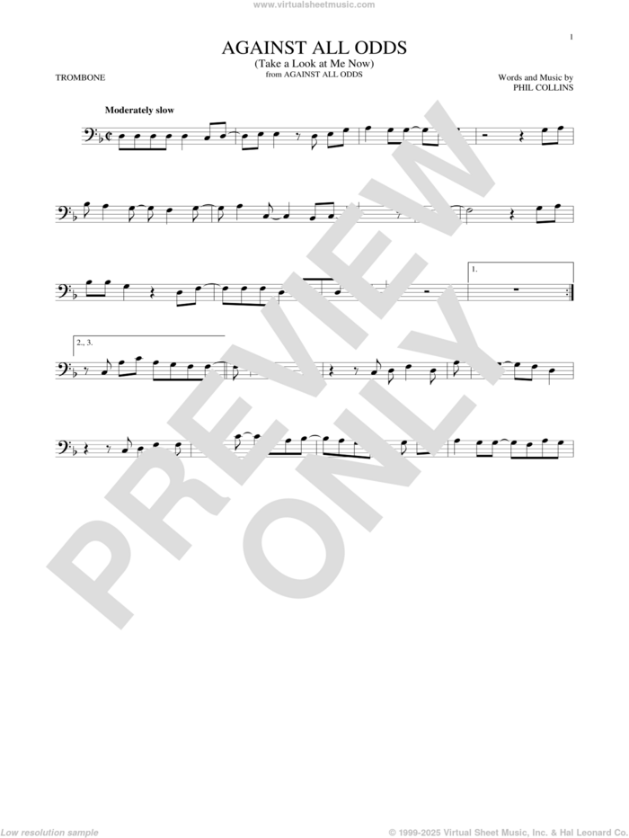 Against All Odds (Take A Look At Me Now) sheet music for trombone solo by Phil Collins, intermediate skill level