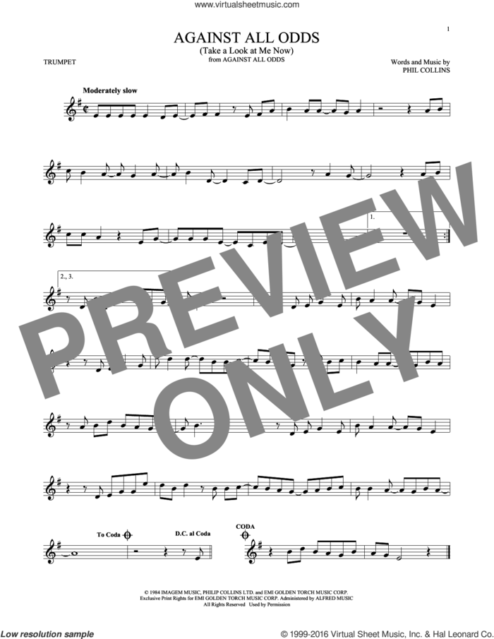 Against All Odds (Take A Look At Me Now) sheet music for trumpet solo by Phil Collins, intermediate skill level