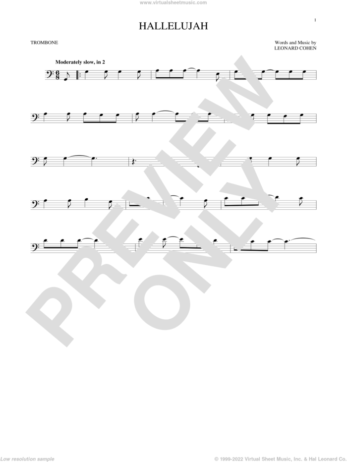 Hallelujah sheet music for trombone solo by Leonard Cohen, Justin Timberlake & Matt Morris featuring Charlie Sexton and Lee DeWyze, intermediate skill level