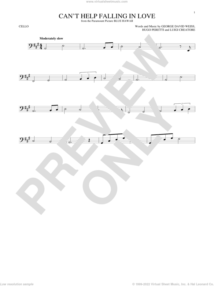 Can't Help Falling In Love sheet music for cello solo by Elvis Presley, George David Weiss, Hugo Peretti and Luigi Creatore, intermediate skill level