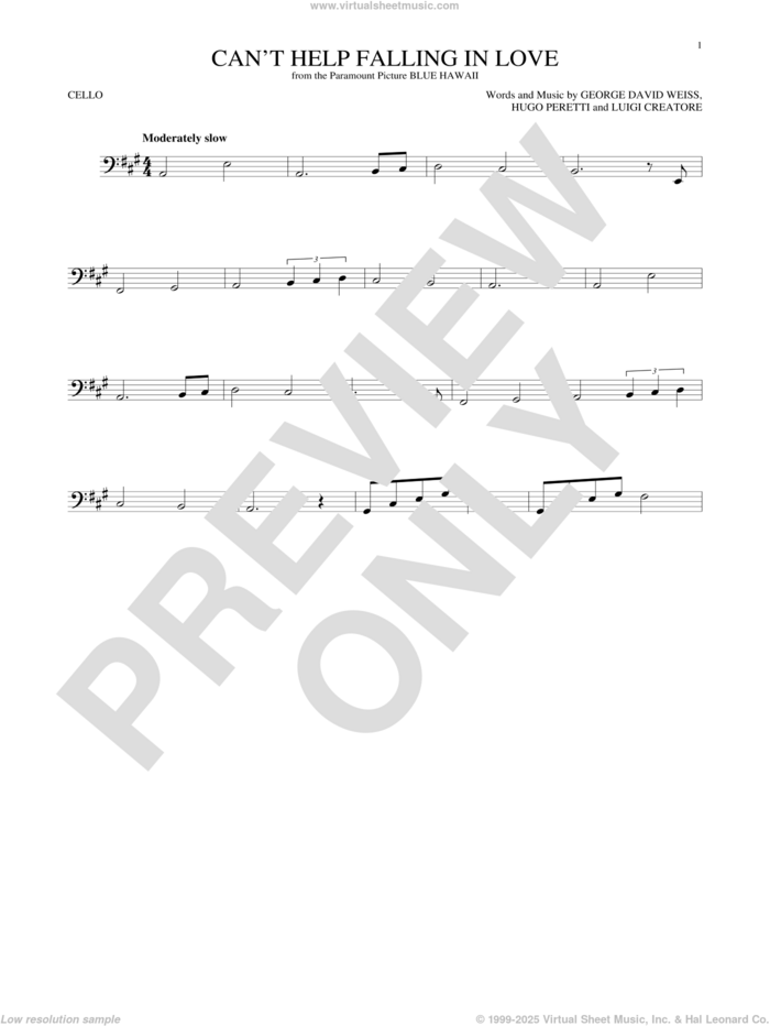 Can't Help Falling In Love sheet music for cello solo by Elvis Presley, George David Weiss, Hugo Peretti and Luigi Creatore, wedding score, intermediate skill level