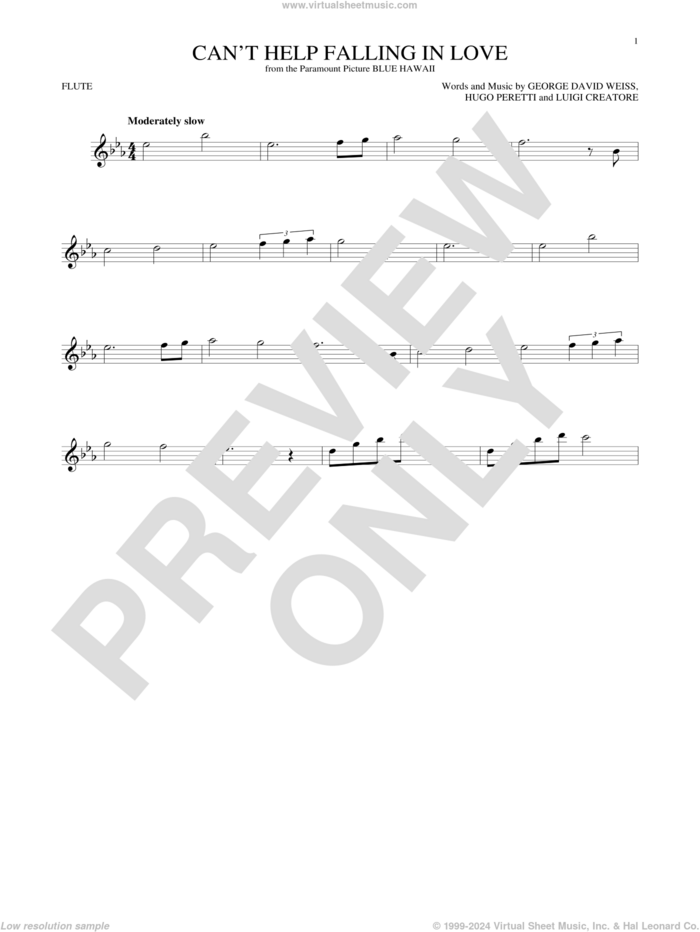 Can't Help Falling In Love sheet music for flute solo by Elvis Presley, George David Weiss, Hugo Peretti and Luigi Creatore, wedding score, intermediate skill level