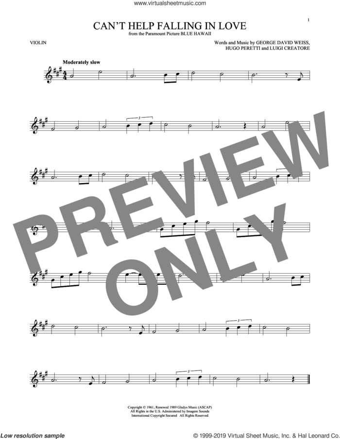 Can't Help Falling In Love sheet music for violin solo by Elvis Presley, George David Weiss, Hugo Peretti and Luigi Creatore, intermediate skill level