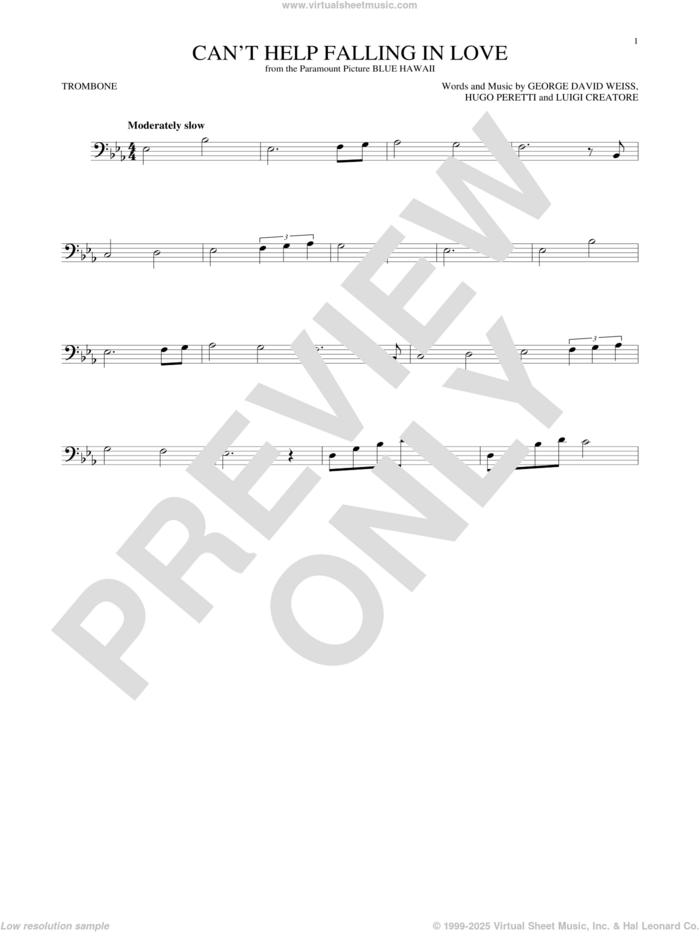 Can't Help Falling In Love sheet music for trombone solo by Elvis Presley, George David Weiss, Hugo Peretti and Luigi Creatore, wedding score, intermediate skill level