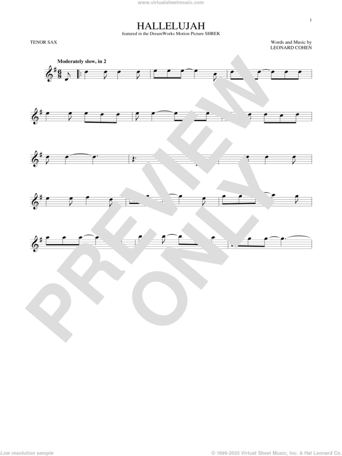 Hallelujah sheet music for tenor saxophone solo by Leonard Cohen, Justin Timberlake & Matt Morris featuring Charlie Sexton and Lee DeWyze, intermediate skill level