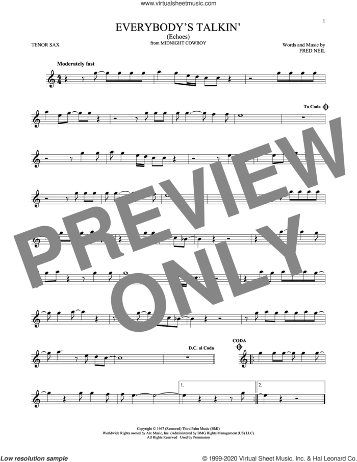 Everybody's Talkin' (Echoes) sheet music for tenor saxophone solo by Harry Nilsson and Fred Neil, intermediate skill level