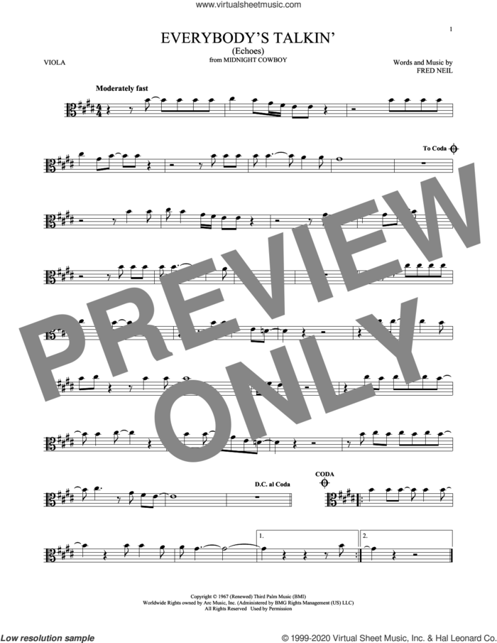 Everybody's Talkin' (Echoes) sheet music for viola solo by Harry Nilsson and Fred Neil, intermediate skill level