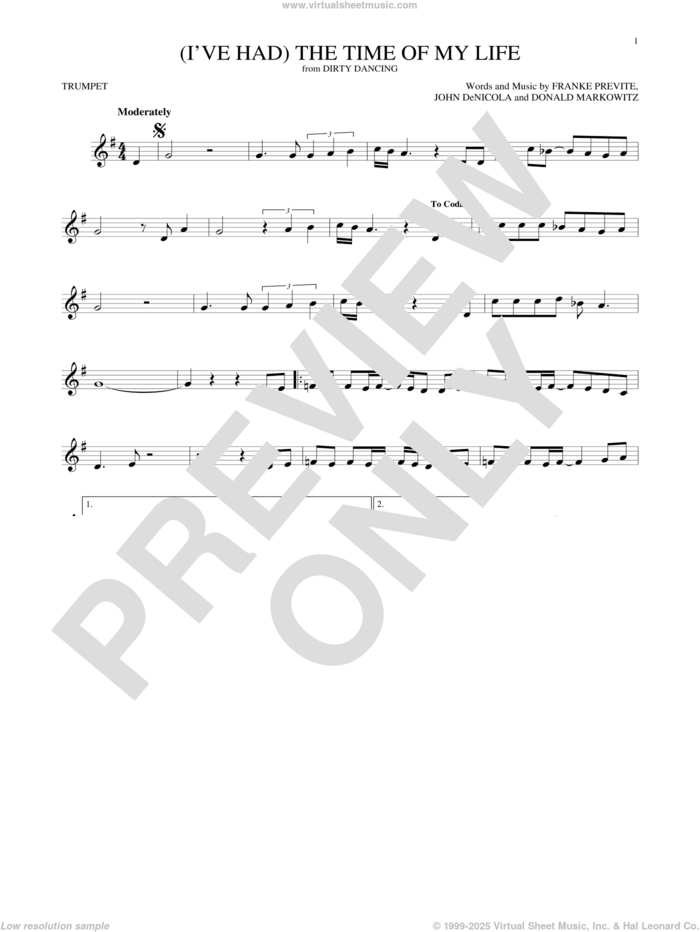 (I've Had) The Time Of My Life sheet music for trumpet solo by Bill Medley & Jennifer Warnes, Donald Markowitz, Franke Previte and John DeNicola, intermediate skill level