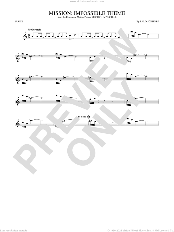 Mission: Impossible Theme sheet music for flute solo by Lalo Schifrin, intermediate skill level