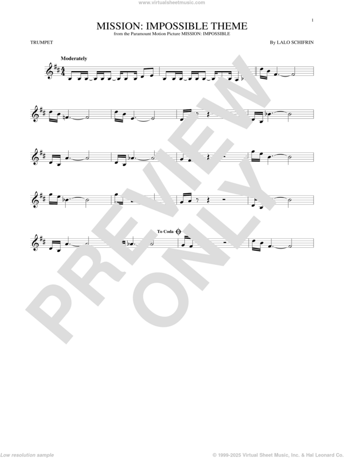 Mission: Impossible Theme sheet music for trumpet solo by Lalo Schifrin, intermediate skill level