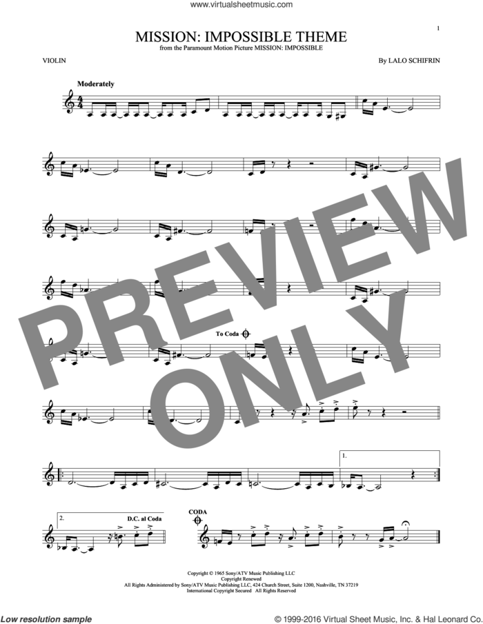 Mission: Impossible Theme sheet music for violin solo by Lalo Schifrin, intermediate skill level