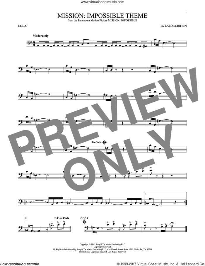 Mission: Impossible Theme sheet music for cello solo by Lalo Schifrin, intermediate skill level