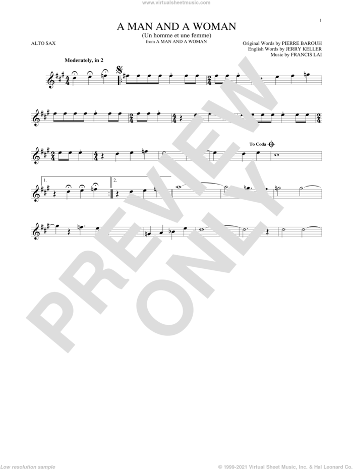 A Man And A Woman (Un Homme Et Une Femme) sheet music for alto saxophone solo by Herbie Mann and Tamiko Jones, Francis Lai, Jerry Keller and Pierre Barouh, intermediate skill level