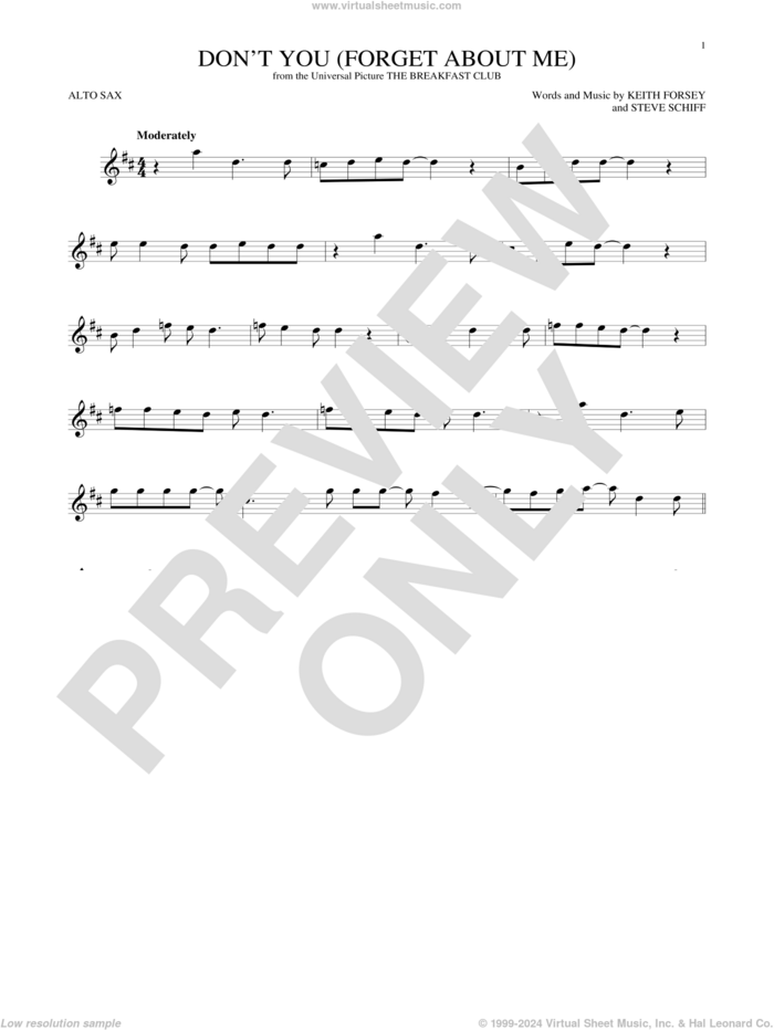 Don't You (Forget About Me) sheet music for alto saxophone solo by Simple Minds, Hawk Nelson and Steve Schiff, intermediate skill level