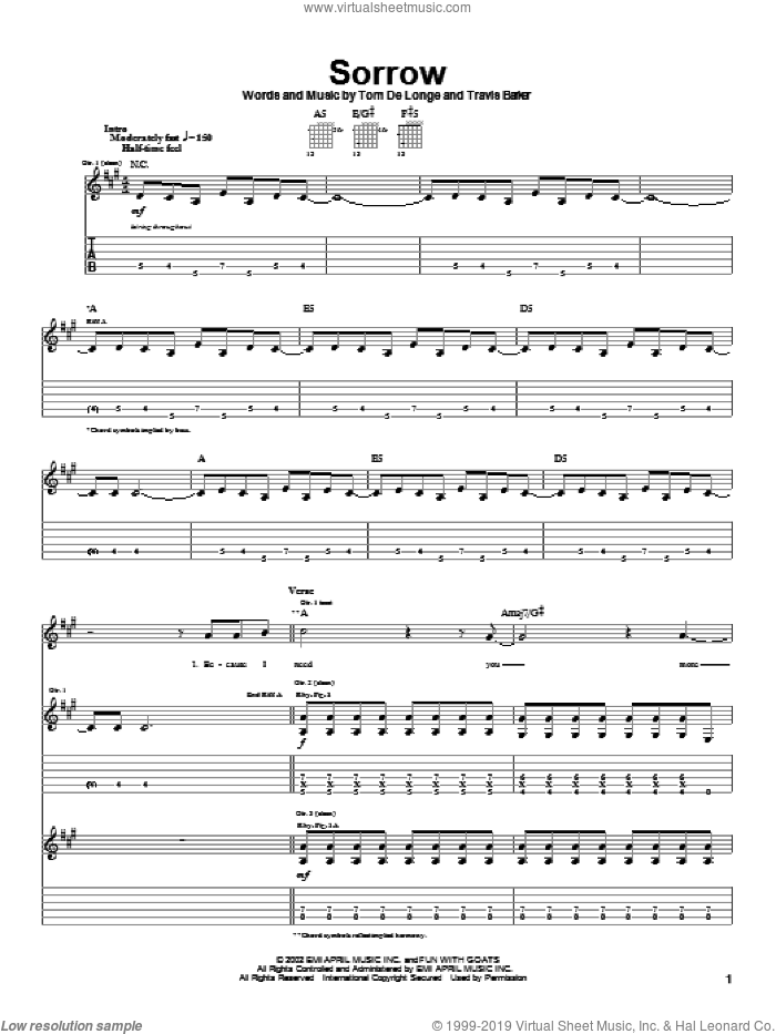 Sorrow sheet music for guitar (tablature) by Box Car Racer, Tom DeLonge and Travis Barker, intermediate skill level