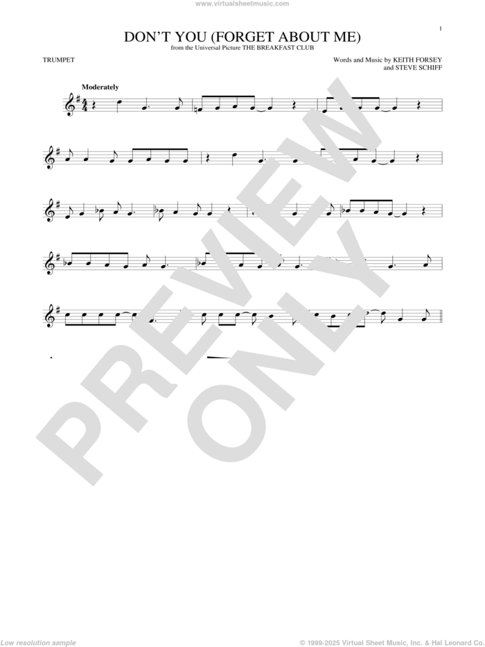 Don't You (Forget About Me) sheet music for trumpet solo by Simple Minds, Hawk Nelson, Keith Forsey and Steve Schiff, intermediate skill level