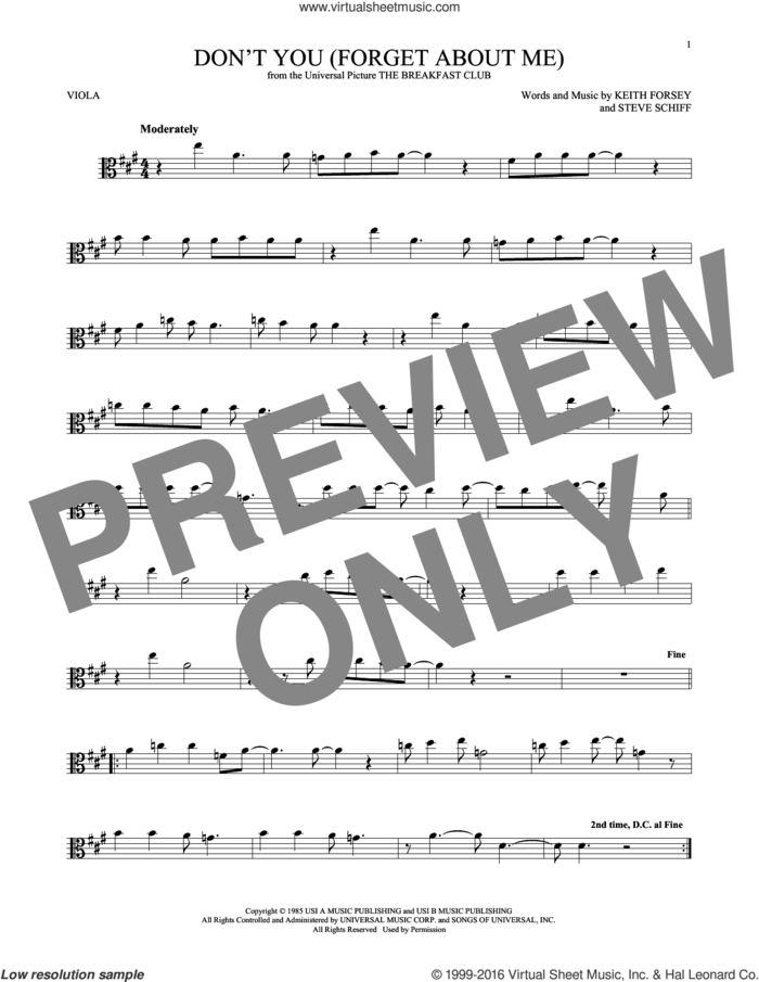 Don't You (Forget About Me) sheet music for viola solo by Simple Minds, Hawk Nelson, Keith Forsey and Steve Schiff, intermediate skill level
