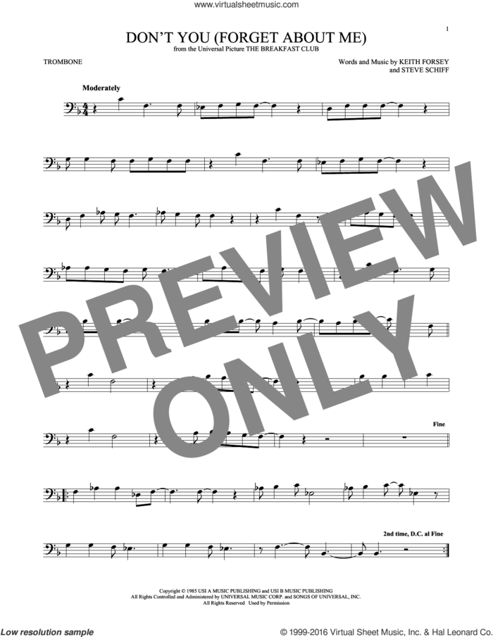 Don't You (Forget About Me) sheet music for trombone solo by Simple Minds, Hawk Nelson, Keith Forsey and Steve Schiff, intermediate skill level