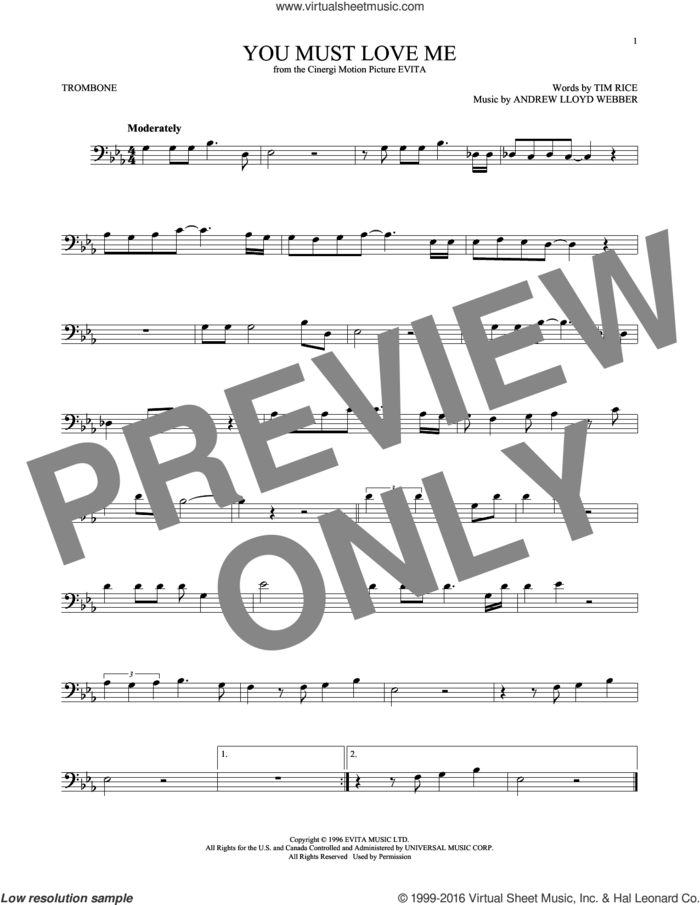 You Must Love Me (from Evita) sheet music for trombone solo by Andrew Lloyd Webber, Madonna and Tim Rice, intermediate skill level
