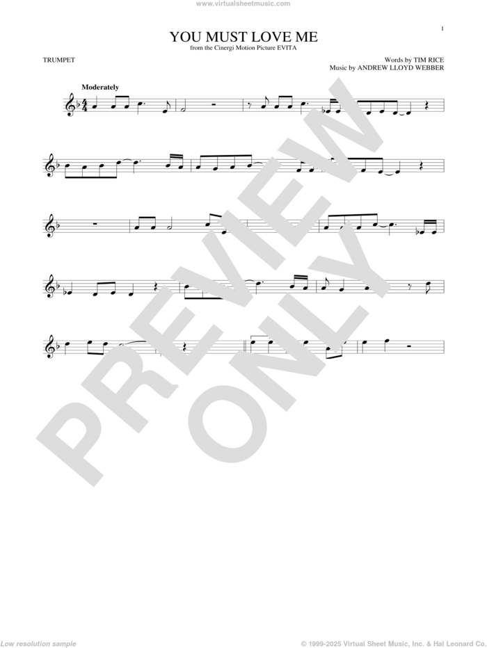 You Must Love Me (from Evita) sheet music for trumpet solo by Andrew Lloyd Webber, Madonna and Tim Rice, intermediate skill level