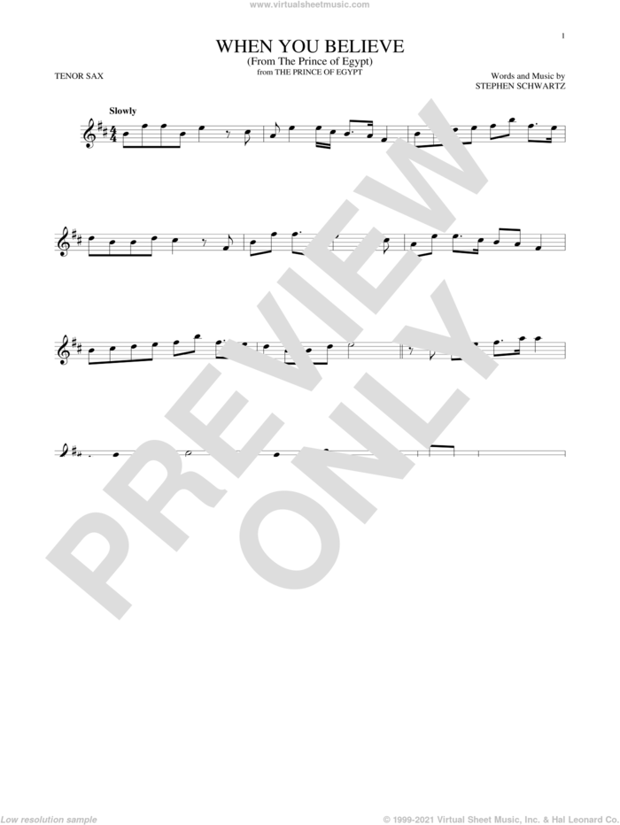When You Believe (from The Prince Of Egypt) sheet music for tenor saxophone solo by Whitney Houston and Mariah Carey and Stephen Schwartz, intermediate skill level
