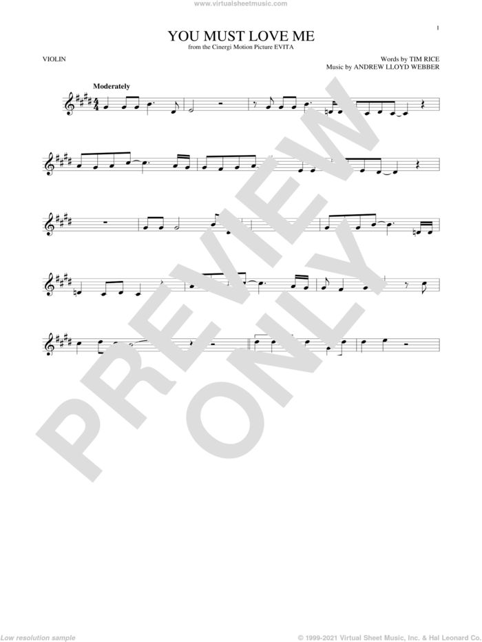 You Must Love Me (from Evita) sheet music for violin solo by Andrew Lloyd Webber, Madonna and Tim Rice, intermediate skill level