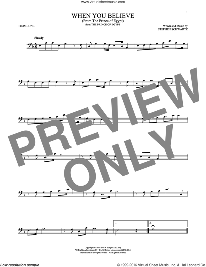 When You Believe (from The Prince Of Egypt) sheet music for trombone solo by Whitney Houston and Mariah Carey and Stephen Schwartz, intermediate skill level