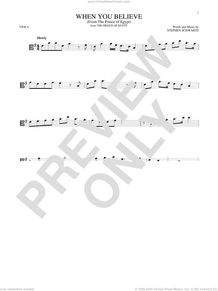 When You Believe (from The Prince Of Egypt) sheet music for viola solo by Whitney Houston and Mariah Carey and Stephen Schwartz, intermediate skill level