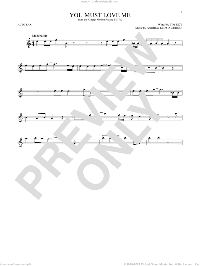 You Must Love Me (from Evita) sheet music for alto saxophone solo by Andrew Lloyd Webber, Madonna and Tim Rice, intermediate skill level