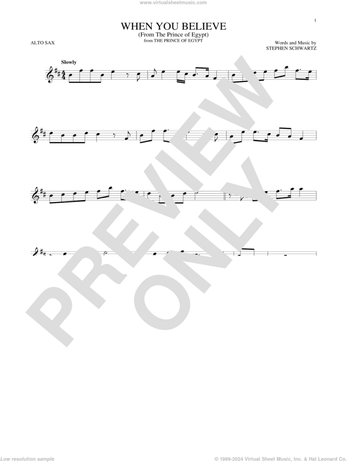 When You Believe (from The Prince Of Egypt) sheet music for alto saxophone solo by Whitney Houston and Mariah Carey and Stephen Schwartz, intermediate skill level