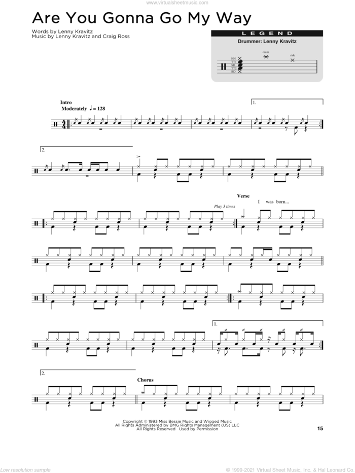 Are You Gonna Go My Way sheet music for drums (percussions) by Lenny Kravitz and Craig Ross, intermediate skill level