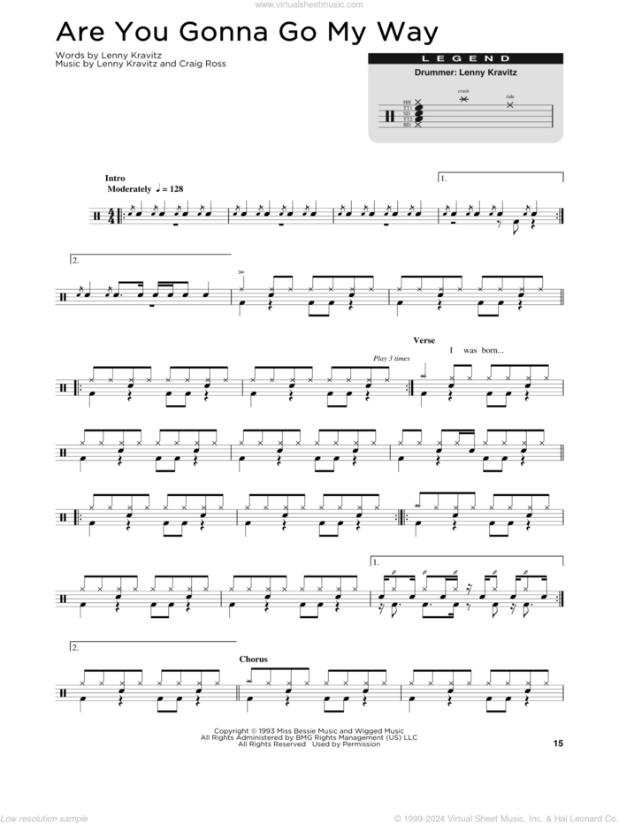 Are You Gonna Go My Way sheet music for drums (percussions) by Lenny Kravitz and Craig Ross, intermediate skill level