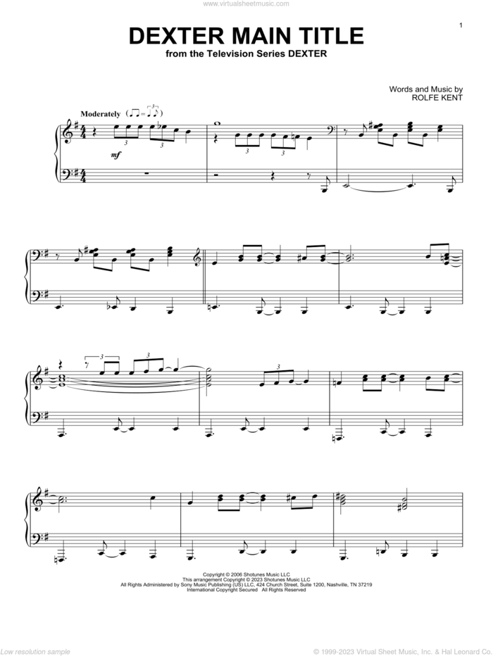 Dexter Main Title sheet music for piano solo by Rolfe Kent, intermediate skill level