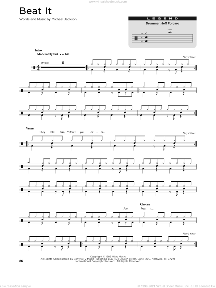 Beat It sheet music for drums (percussions) by Michael Jackson, intermediate skill level