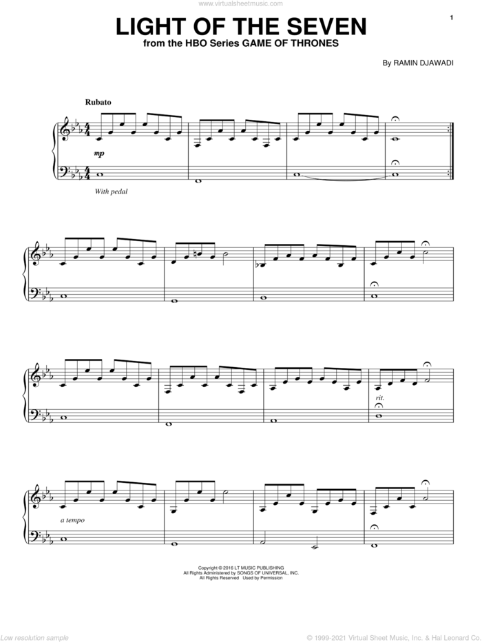 Light Of The Seven (from Game of Thrones), (intermediate) sheet music for piano solo by Ramin Djawadi and Game Of Thrones (TV Series), intermediate skill level