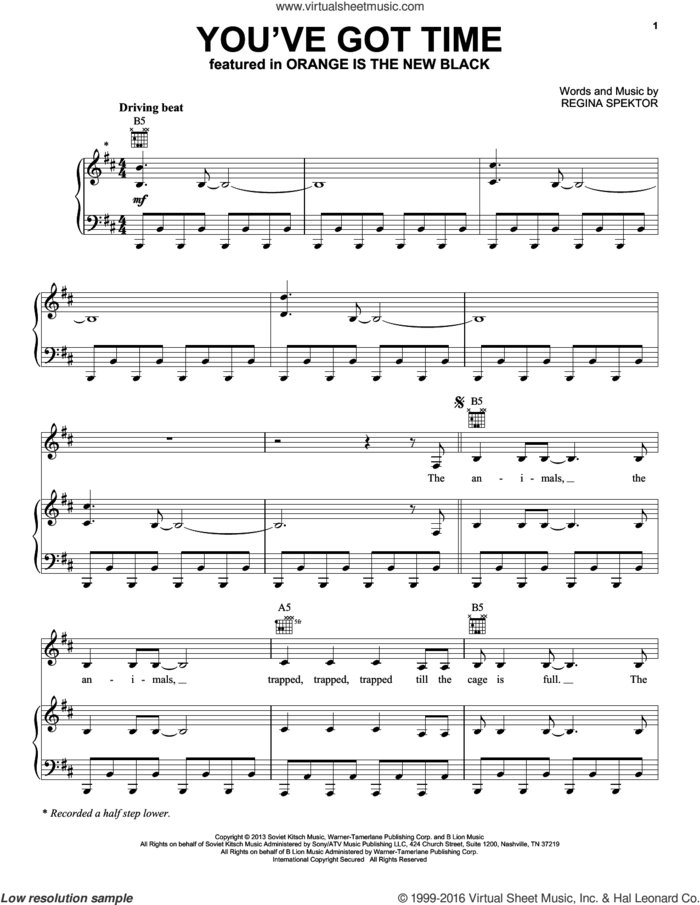 You've Got Time (Theme from Orange Is The New Black) sheet music for voice, piano or guitar by Regina Spektor, intermediate skill level