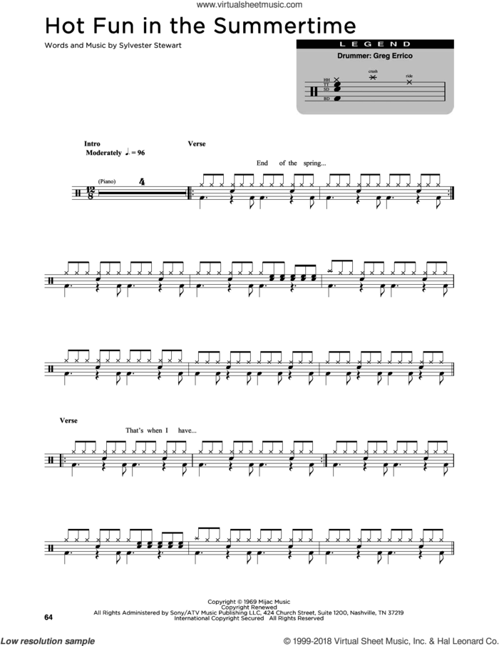 Hot Fun In The Summertime sheet music for drums (percussions) by Sly & The Family Stone, intermediate skill level