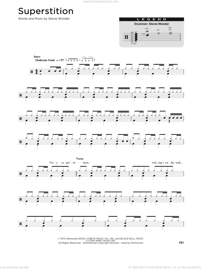 Superstition sheet music for drums (percussions) by Stevie Wonder, intermediate skill level