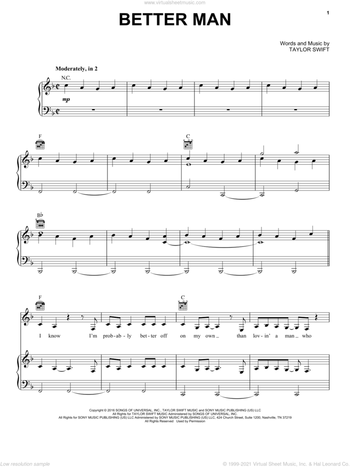 Better Man sheet music for voice, piano or guitar by Little Big Town and Taylor Swift, intermediate skill level