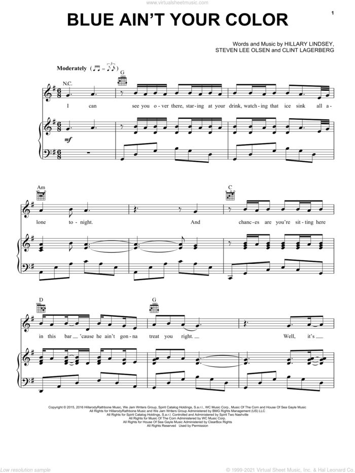 Blue Ain't Your Color sheet music for voice, piano or guitar by Keith Urban, Clint Lagerberg, Hillary Lindsey and Steven Lee Olsen, intermediate skill level