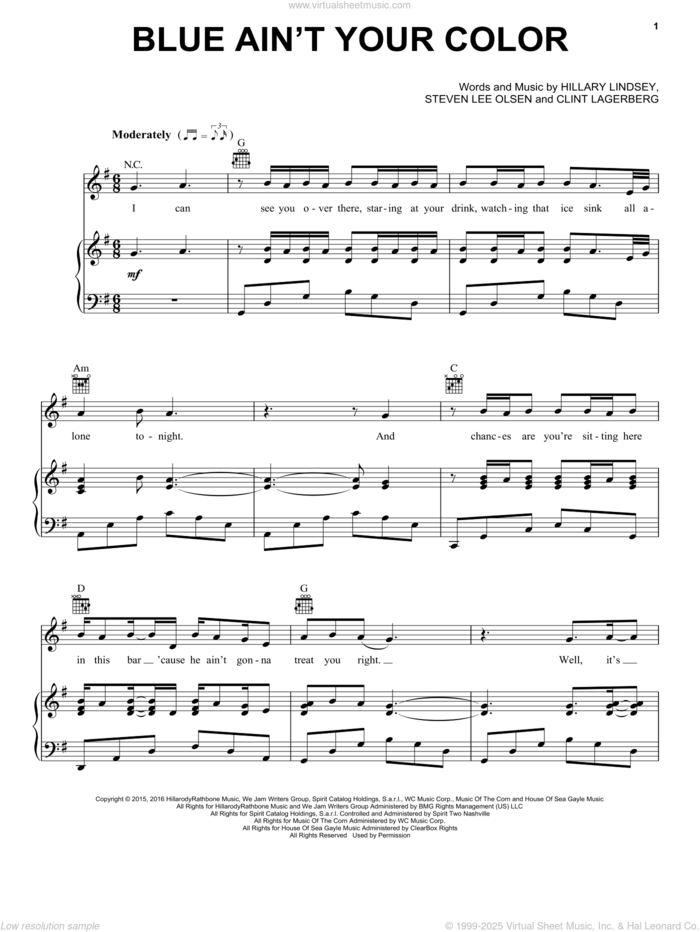 Blue Ain't Your Color sheet music for voice, piano or guitar by Keith Urban, Clint Lagerberg, Hillary Lindsey and Steven Lee Olsen, intermediate skill level