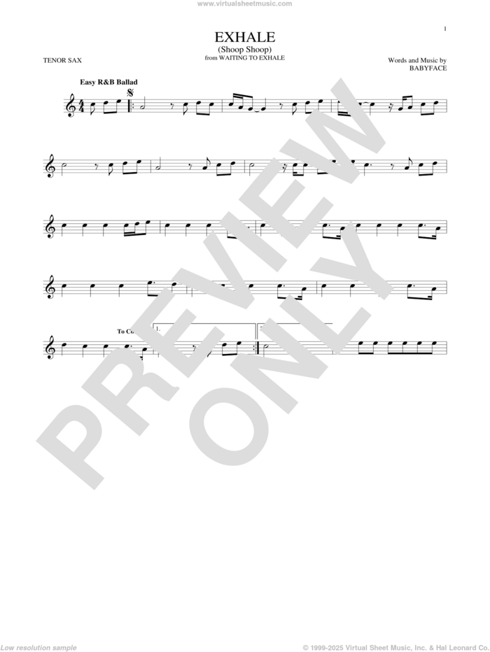 Exhale (Shoop Shoop) sheet music for tenor saxophone solo by Whitney Houston and Babyface, intermediate skill level