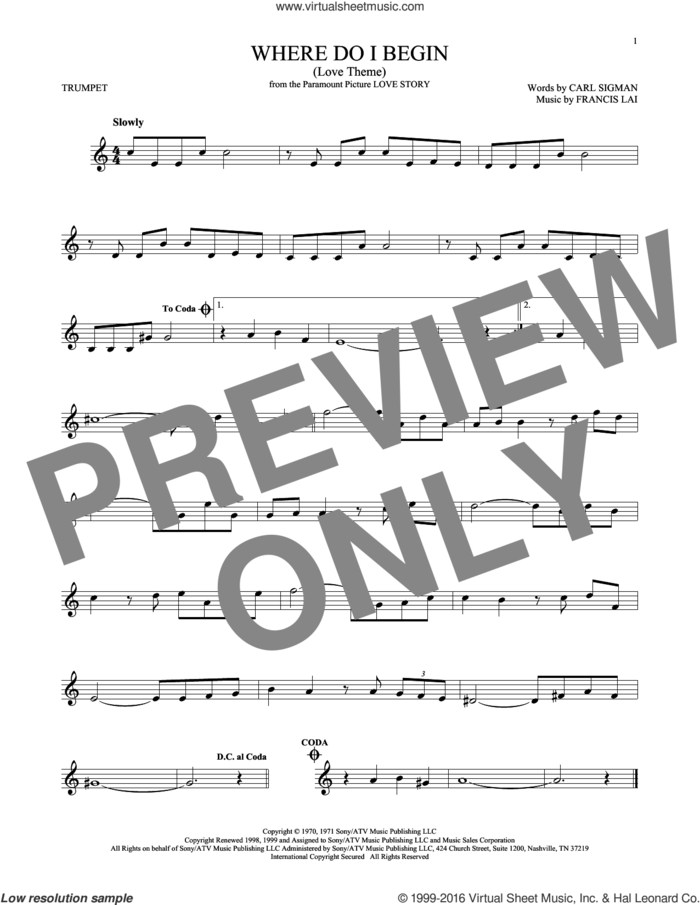 Where Do I Begin (Love Theme) sheet music for trumpet solo by Andy Williams, Carl Sigman and Francis Lai, intermediate skill level