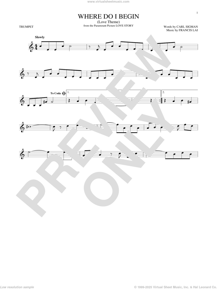 Where Do I Begin (Love Theme) sheet music for trumpet solo by Andy Williams, Carl Sigman and Francis Lai, intermediate skill level